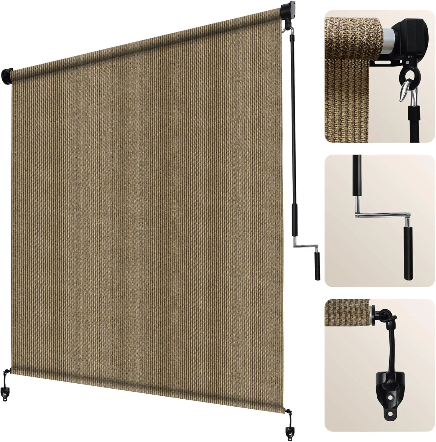 Artpuch Outdoor Roller Shade 8'(W) x6'(H) Fabric Blind Walnut 220GSM Roll Up Shade, Wand Operation Exterior Roller Shade Cloth for Patio Porch Gazebo, Spliced of Two Sections