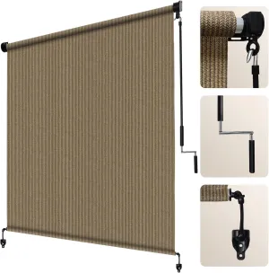 Artpuch Outdoor Roller Shade 8'(W) x6'(H) Fabric Blind Walnut 220GSM Roll Up Shade, Wand Operation Exterior Roller Shade Cloth for Patio Porch Gazebo, Spliced of Two Sections