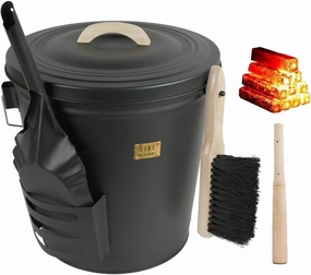 Ash Bucket with Lid and Shovel, Hand Broom and Stick, 5.2 Gallon Large Metal Ash Bucket for Fireplace Tools Set, Fire Pits, Wood Burning Stoves, Indoor and Outdoor, Camping, Grill, Black