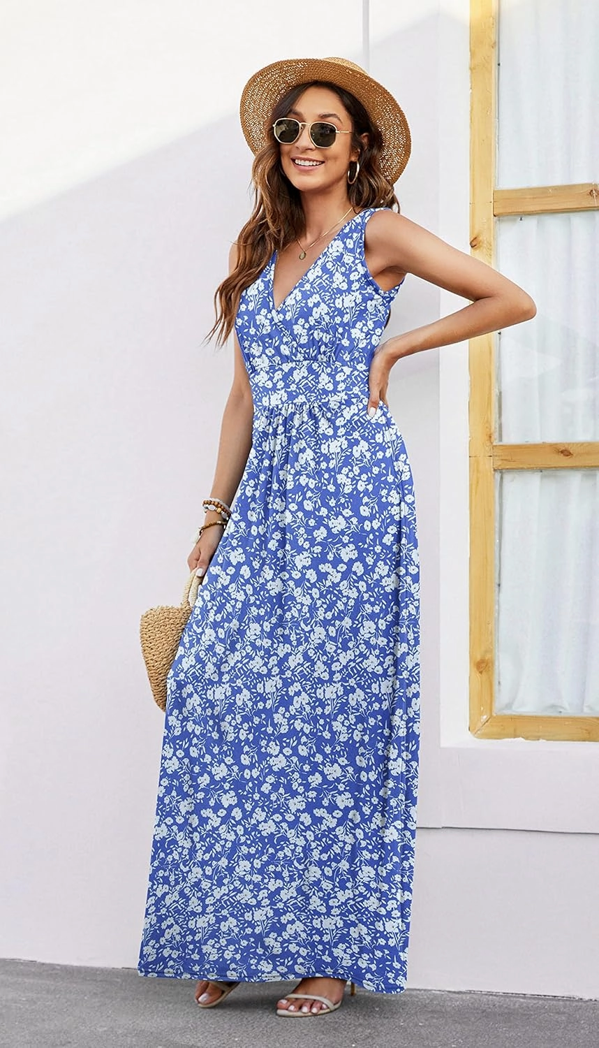 AUSELILY Women's Sleeveless Formal Dress Deep V Neck Loose Plain Cocktail Long Maxi Dresses with Pockets 2025 New