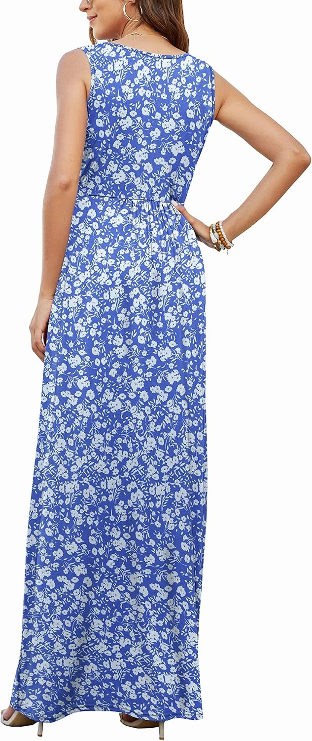 AUSELILY Women's Sleeveless Formal Dress Deep V Neck Loose Plain Cocktail Long Maxi Dresses with Pockets 2025 New