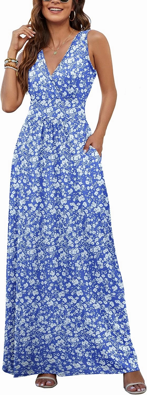 AUSELILY Women's Sleeveless Formal Dress Deep V Neck Loose Plain Cocktail Long Maxi Dresses with Pockets 2025 New