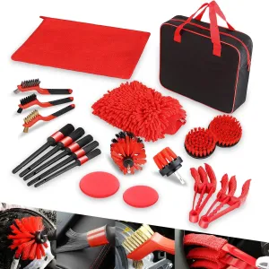 Auto Dynasty 19pcs Car Detailing Kit Wash Cleaning Tool Kit and Detailing Brush Set with Carry Bag Universal For Interior, Exterior, Wheels and Air Vent, Red