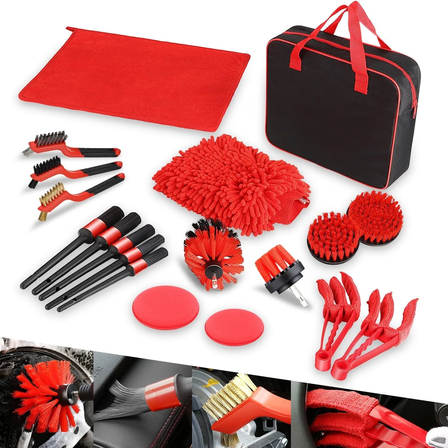 Auto Dynasty 19pcs Car Detailing Kit Wash Cleaning Tool Kit and Detailing Brush Set with Carry Bag Universal For Interior, Exterior, Wheels and Air Vent, Red