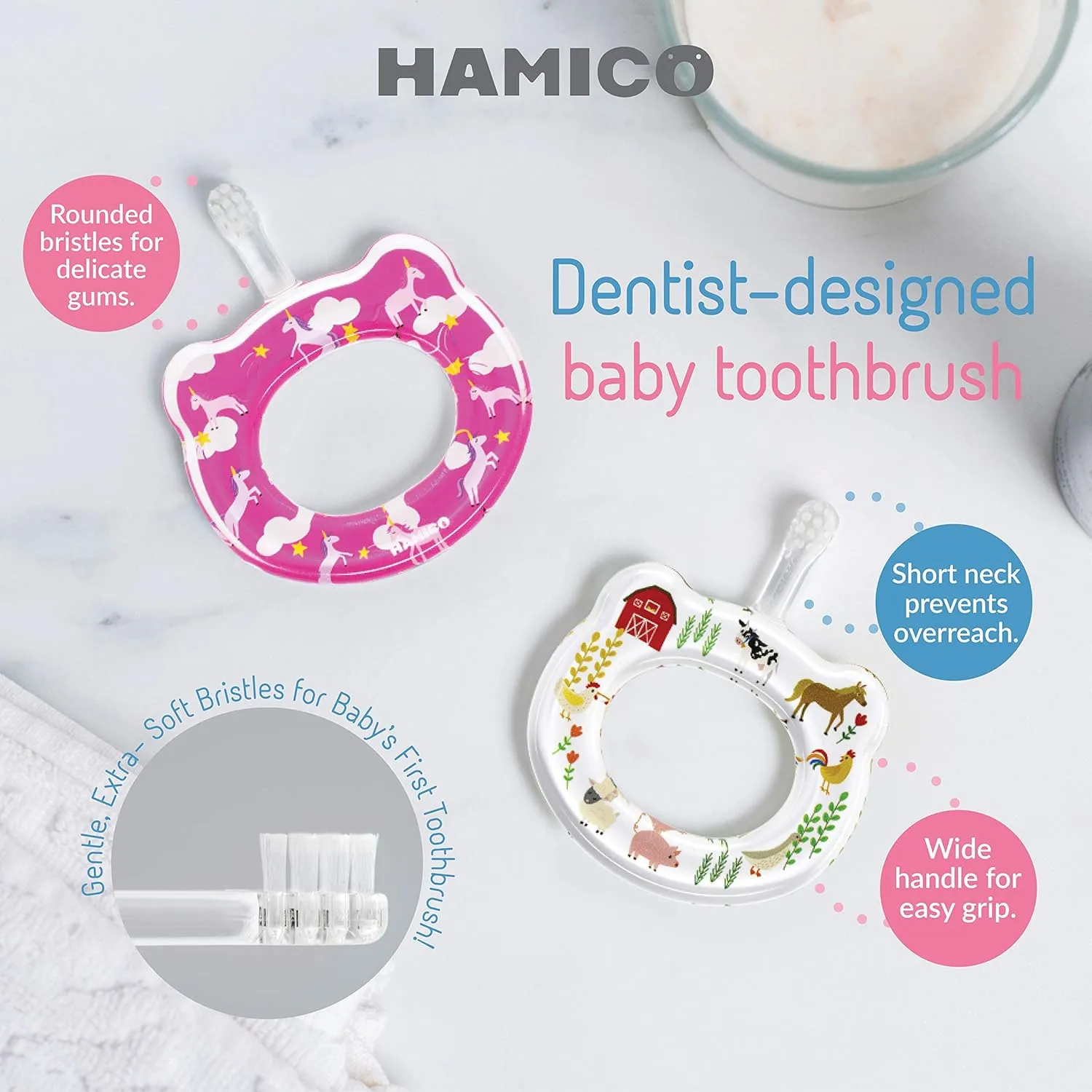 Baby Toothbrush Gentle, Extra- Soft Bristles for Baby’s First Toothbrush | Easy Grasp-No Overreach Infant Toothbrush | BPA Free | 2-Pack: Unicorns & Farm Animals