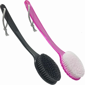 Back Bath Brush - Curved Long Handle Shower Brush with Medium Stiff Bristles for Cleaning and Exfoliating Body, Back Scrubber for Men & Women (Black   Pink 2 Pack)