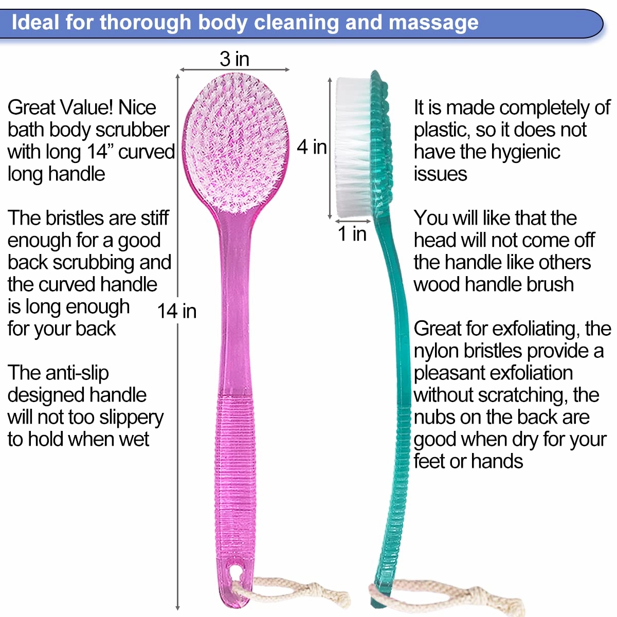 Back Brush for Shower, 14-inch Long Handle Medium Stiff Bristles Bath Scrubber for Men Women Body Exfoliating and Brushing - 2 Packs Pink Blue