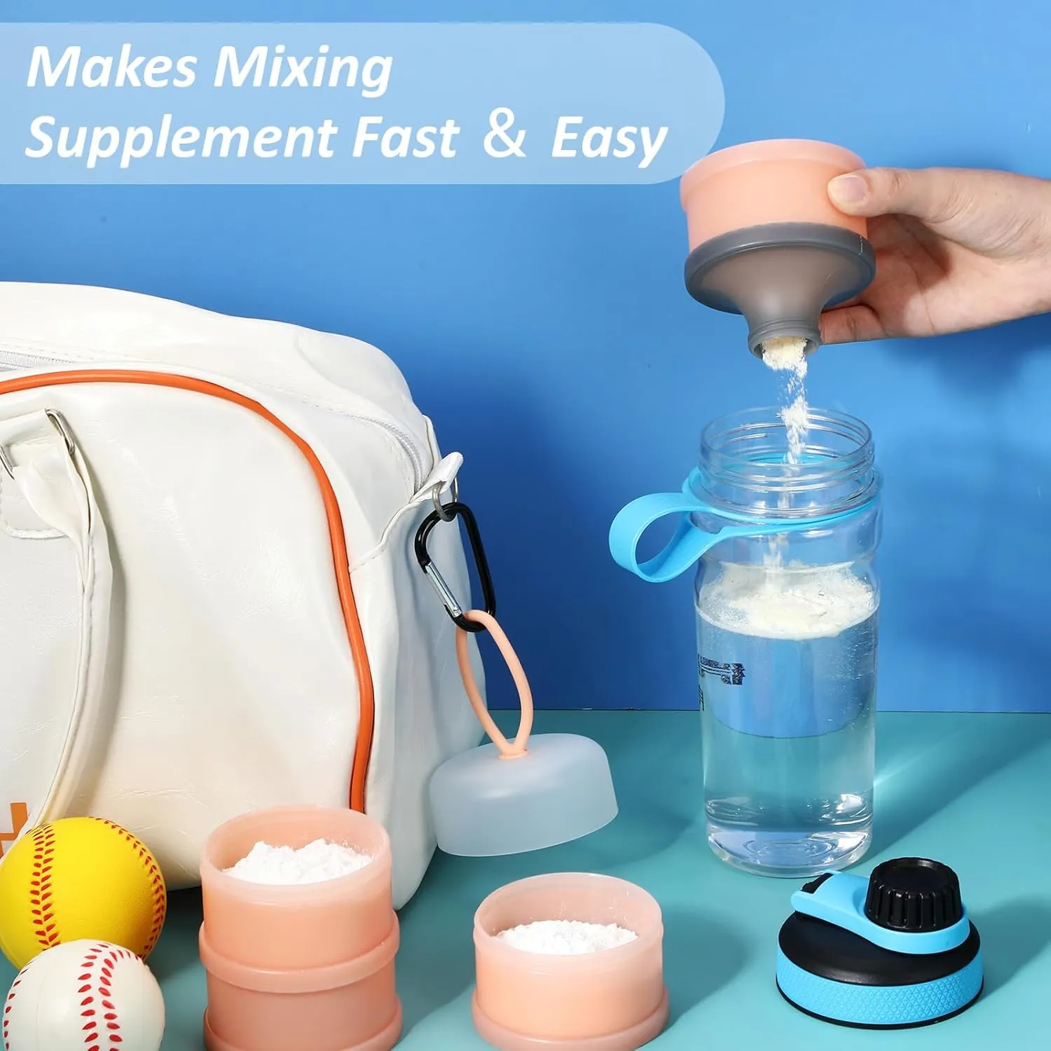 Baderke 2 Pcs Protein Powder Container with Funnels Stand, 4 Stackable Leakproof Protein Powder Dispenser, Portable Keychain Powder Container for Workout, Fitness, Travel