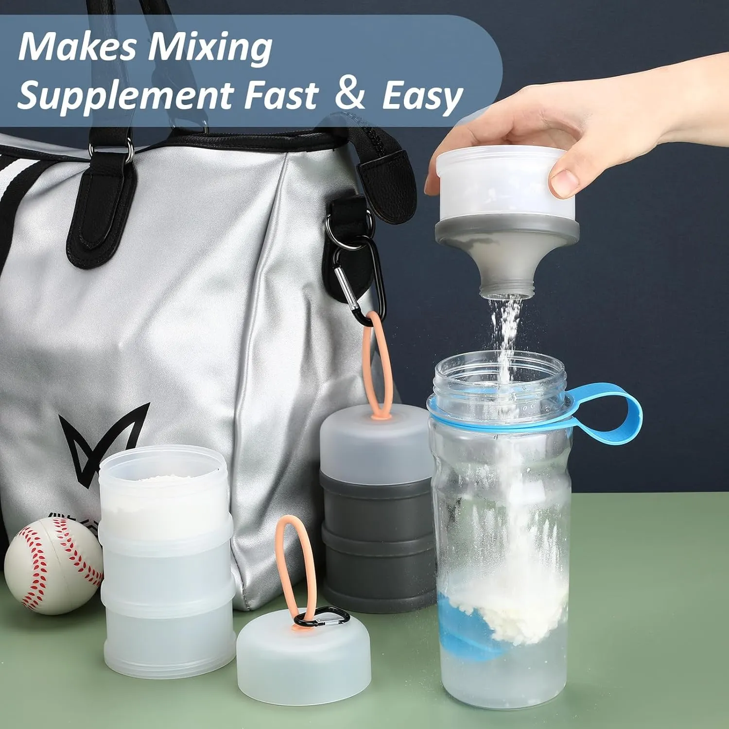 Baderke 2 Pcs Protein Powder Container with Funnels Stand, 4 Stackable Leakproof Protein Powder Dispenser, Portable Keychain Powder Container for Workout, Fitness, Travel(Gray, White)