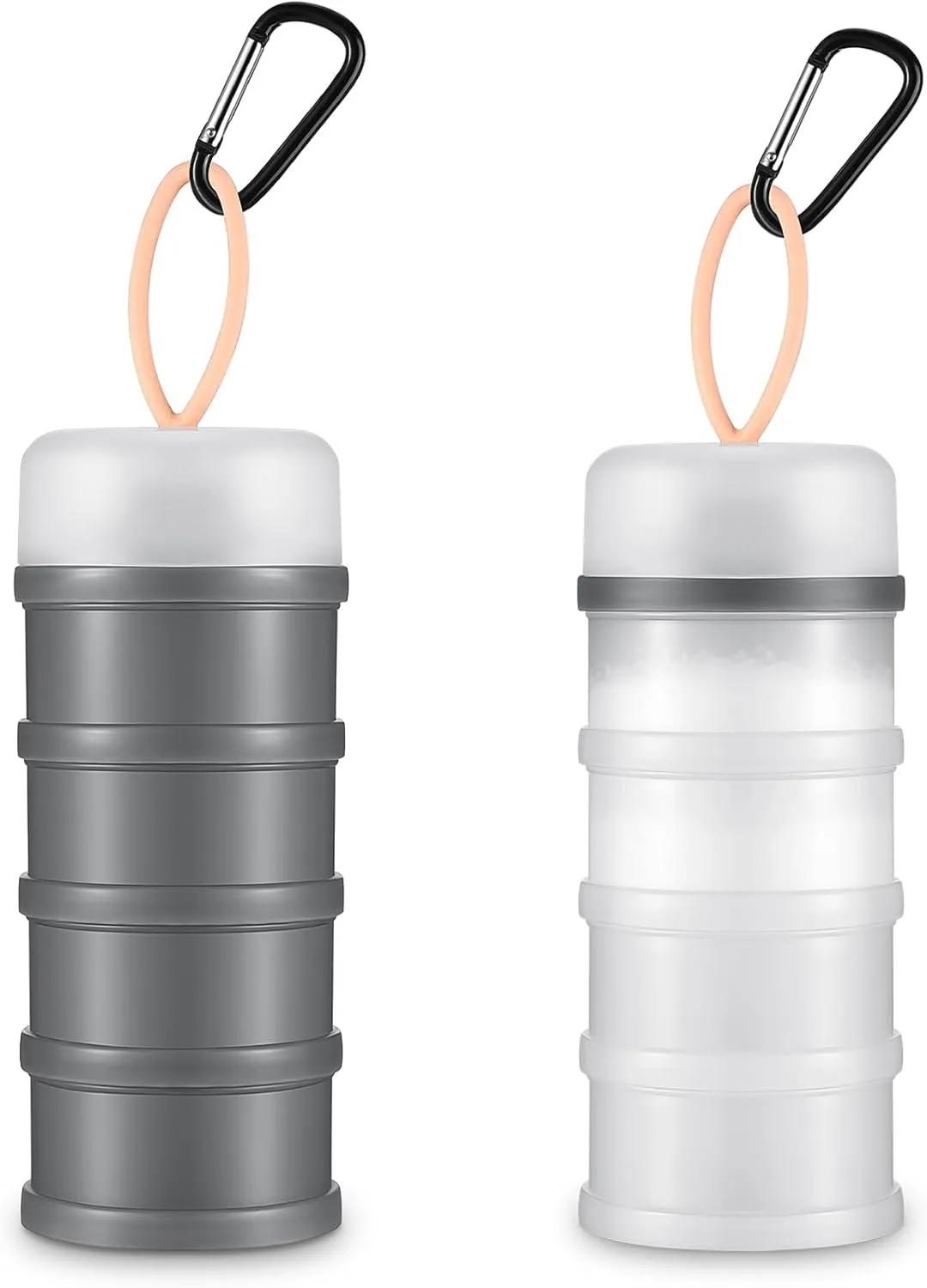 Baderke 2 Pcs Protein Powder Container with Funnels Stand, 4 Stackable Leakproof Protein Powder Dispenser, Portable Keychain Powder Container for Workout, Fitness, Travel(Gray, White)