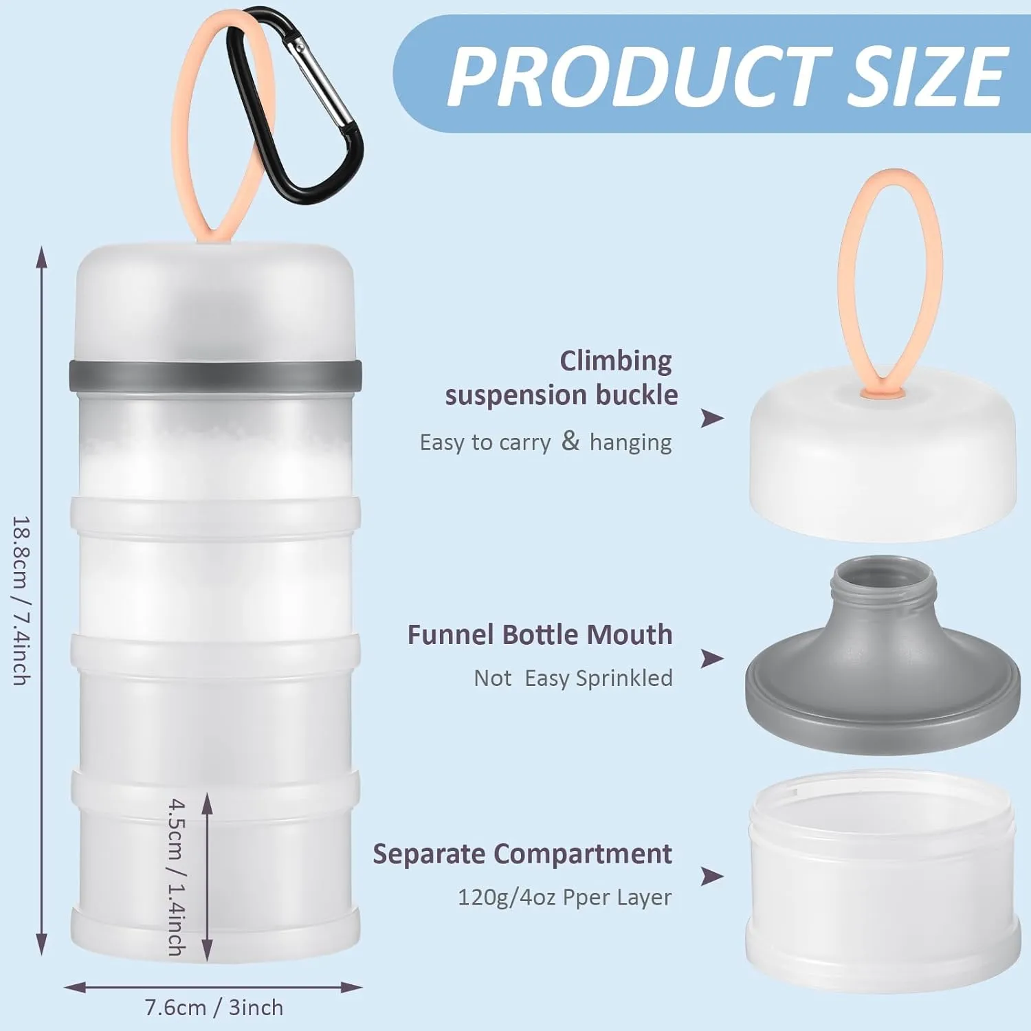 Baderke 2 Pcs Protein Powder Container with Funnels Stand, 4 Stackable Leakproof Protein Powder Dispenser, Portable Keychain Powder Container for Workout, Fitness, Travel(Gray, White)