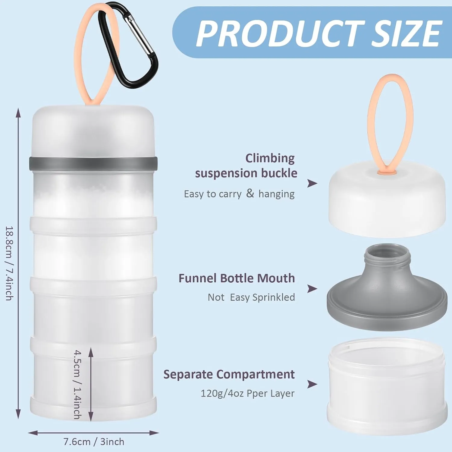 Baderke 2 Pcs Protein Powder Container with Funnels Stand, 4 Stackable Leakproof Protein Powder Dispenser, Portable Keychain Powder Container for Workout, Fitness, Travel(White)
