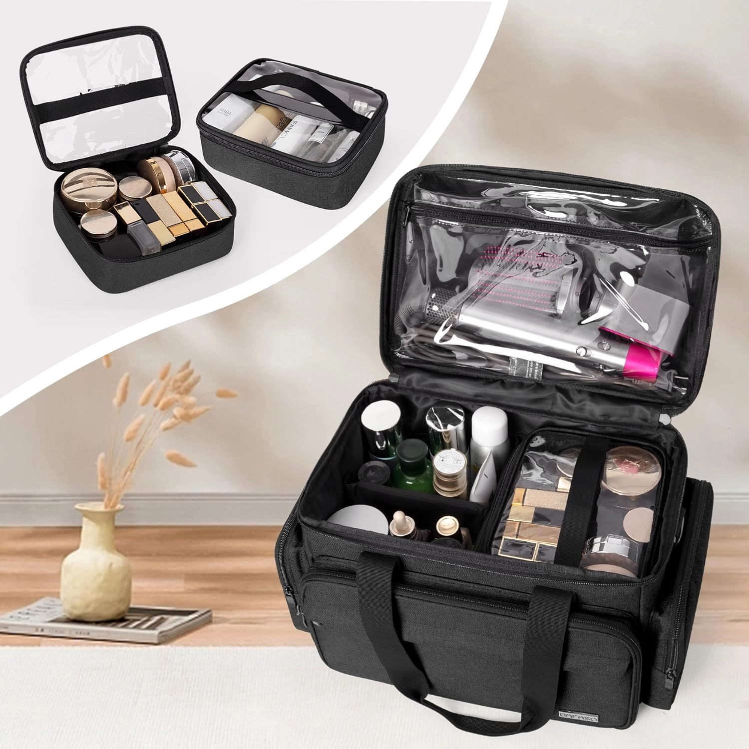 BAFASO Large Makeup Bag with 2 Removable Pouches and Detachable Dividers, Multifunctional Cosmetic Bag to Keep Makeup and Hair Supplies (Patent Pending), Black