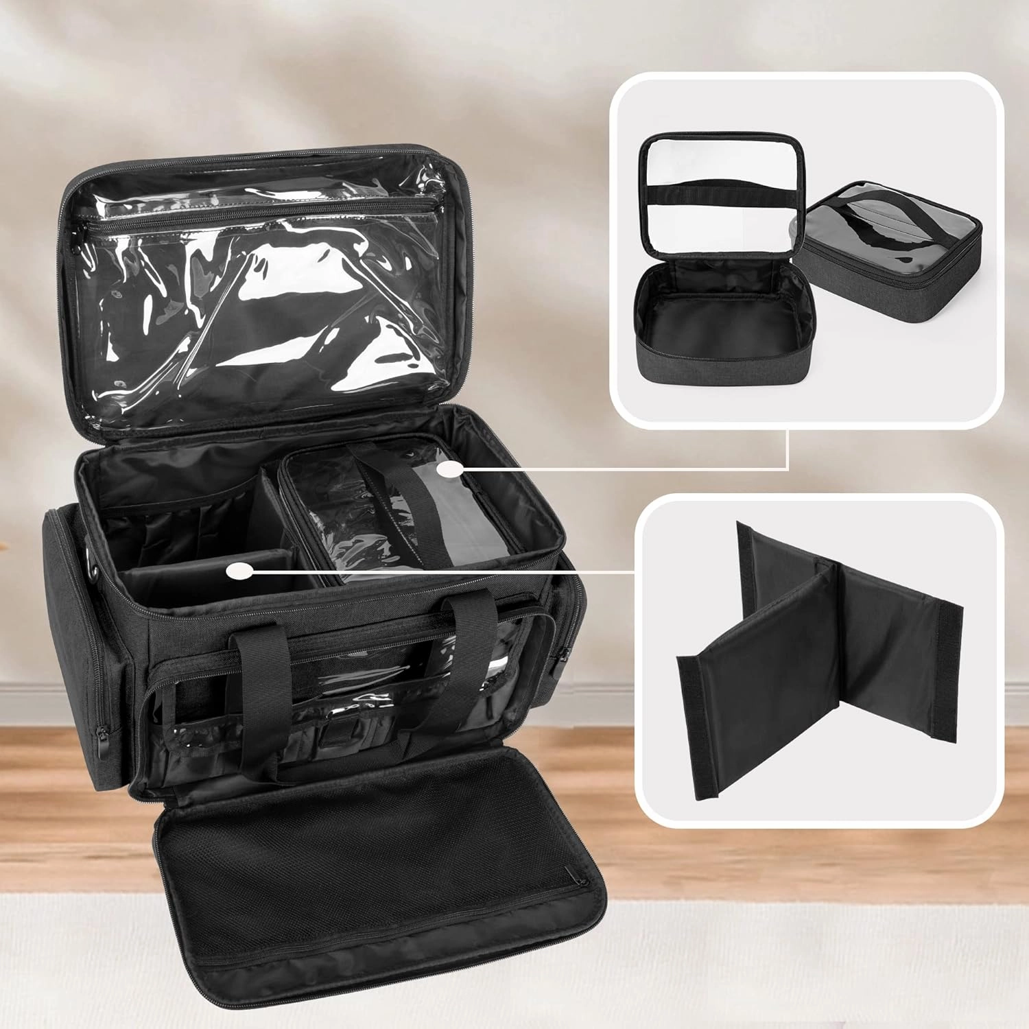 BAFASO Large Makeup Bag with 2 Removable Pouches and Detachable Dividers, Multifunctional Cosmetic Bag to Keep Makeup and Hair Supplies (Patent Pending), Black