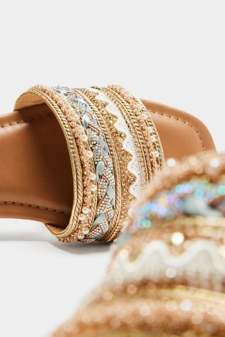 BAMBOO Women's Open Square Toe Gold Beaded Rhinestone Slide Sandals