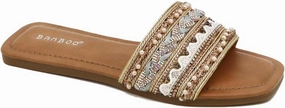 BAMBOO Women's Open Square Toe Gold Beaded Rhinestone Slide Sandals