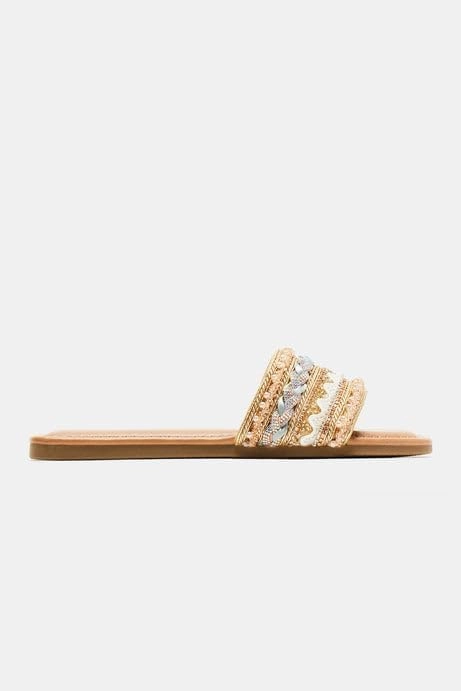 BAMBOO Women's Open Square Toe Gold Beaded Rhinestone Slide Sandals