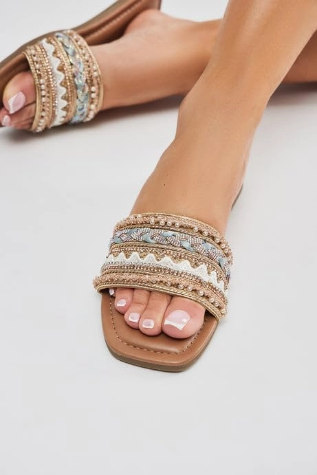 BAMBOO Women's Open Square Toe Gold Beaded Rhinestone Slide Sandals