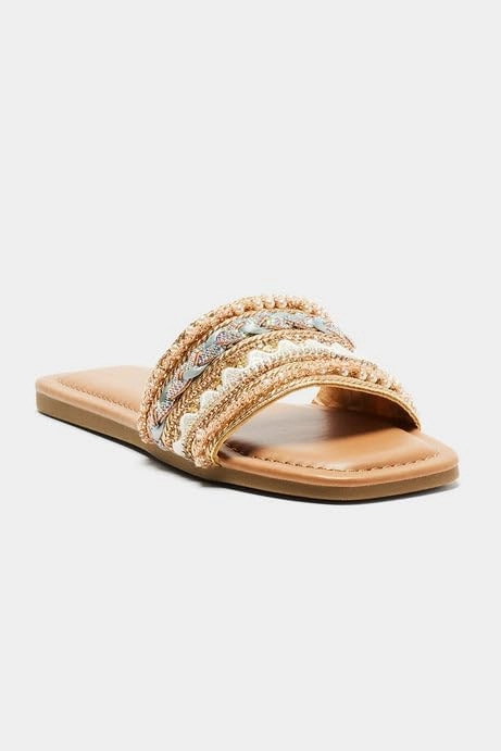 BAMBOO Women's Open Square Toe Gold Beaded Rhinestone Slide Sandals