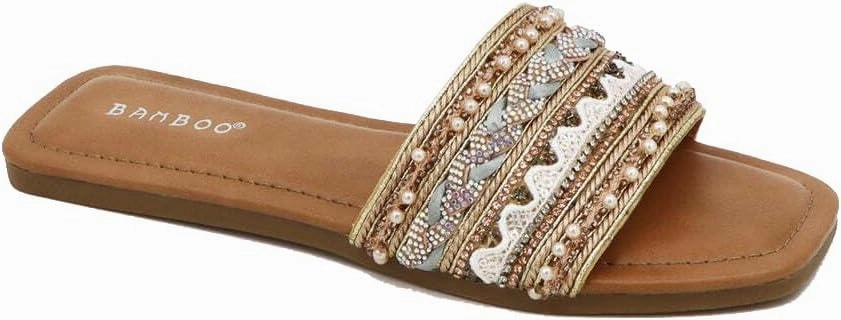 BAMBOO Women's Open Square Toe Gold Beaded Rhinestone Slide Sandals