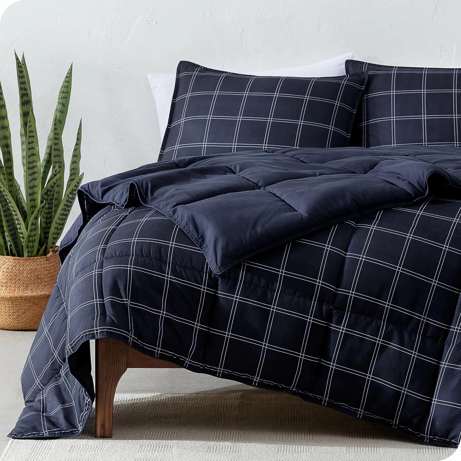 Bare Home Comforter Set - Full Size - Ultra-Soft - Goose Down Alternative - Premium 1800 Series - Reversible - All Season Warmth (Full, Midnight Blue - Modern Plaid)