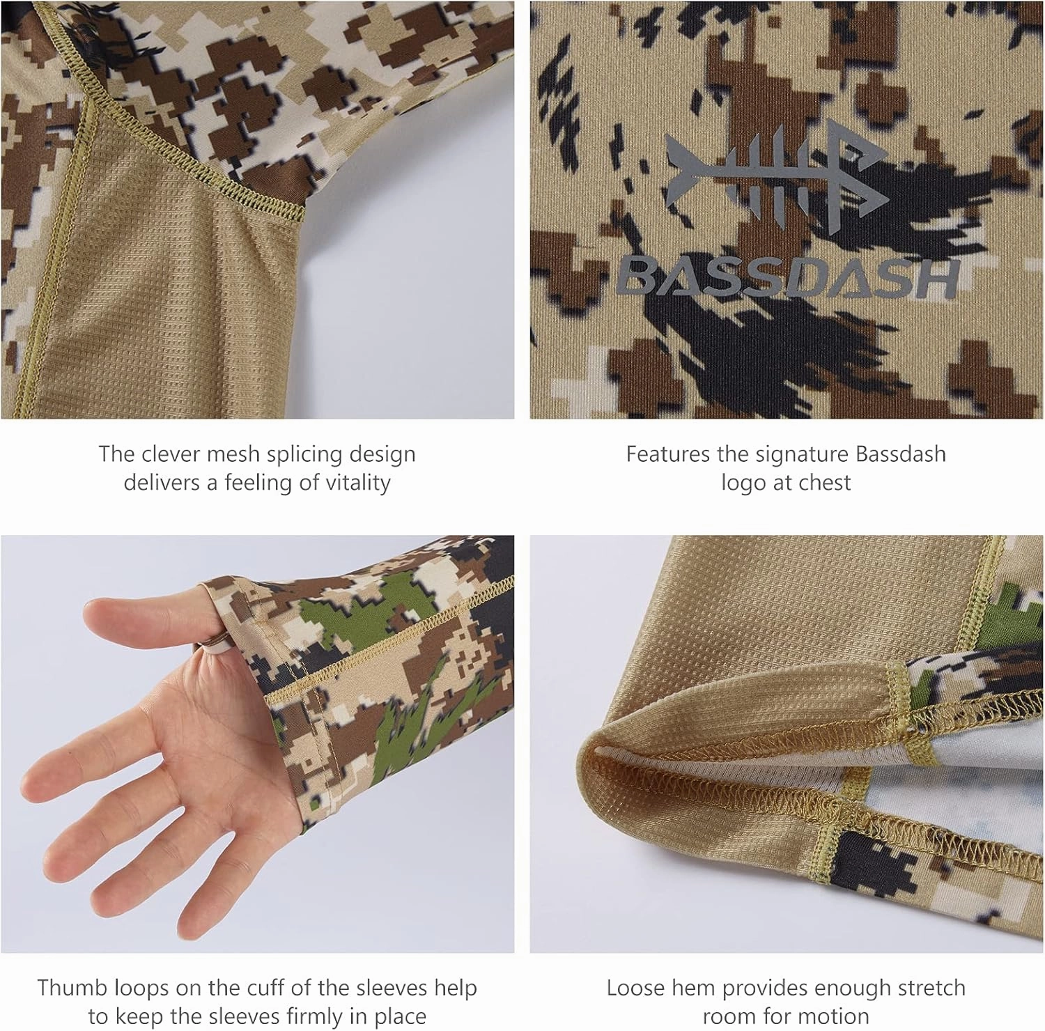 BASSDASH Men's Hunting Camo Performance Long Sleeve Shirt Fishing UPF50  FS13M