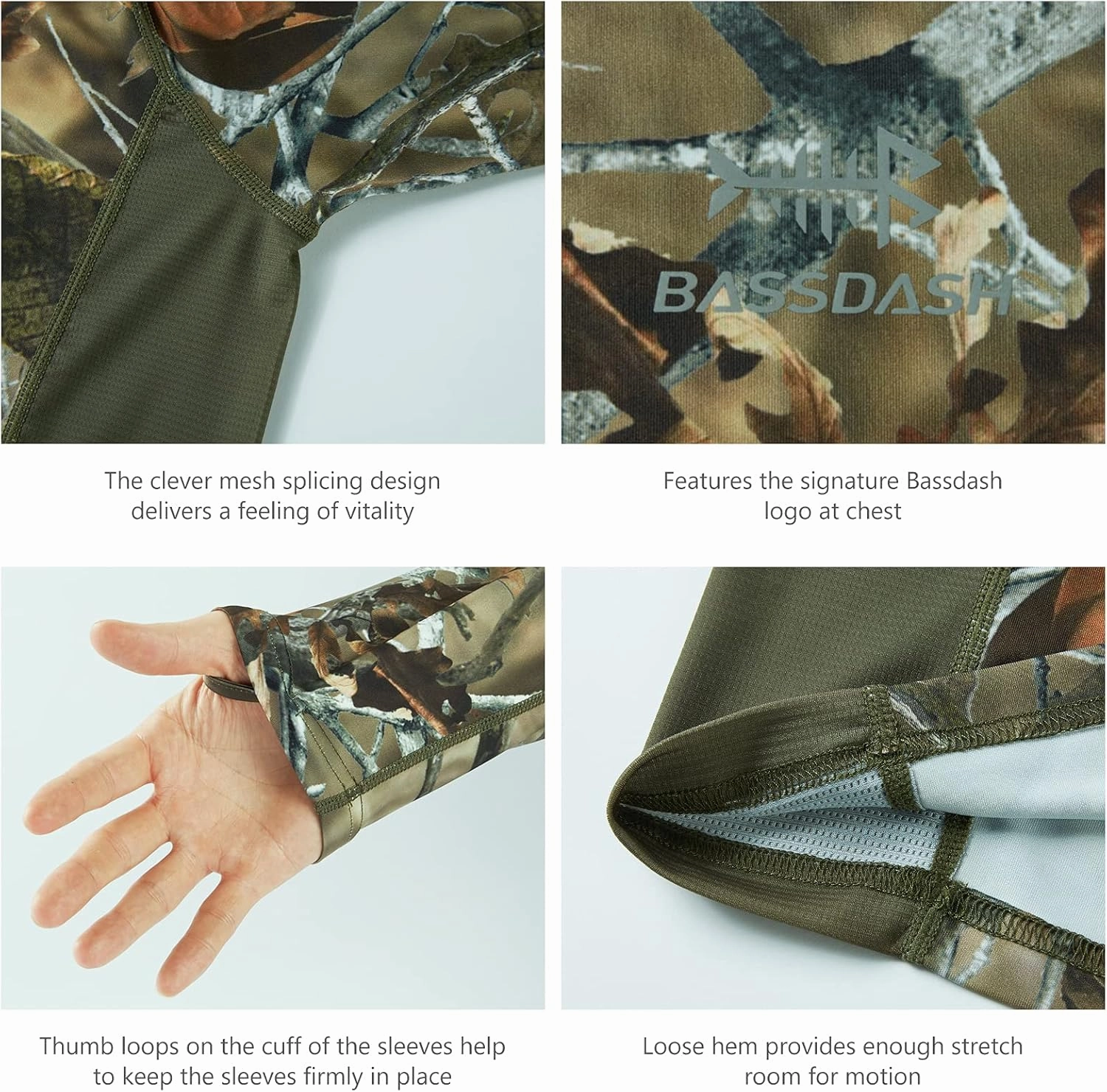 BASSDASH Men's Hunting Camo Performance Long Sleeve Shirt Fishing UPF50  FS13M