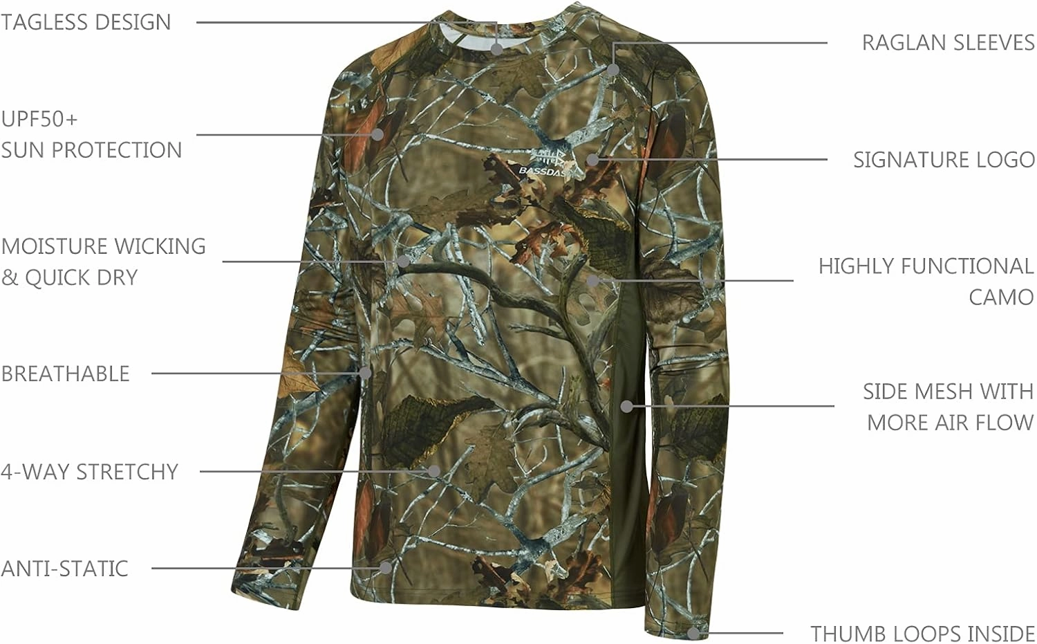 BASSDASH Men's Hunting Camo Performance Long Sleeve Shirt Fishing UPF50  FS13M