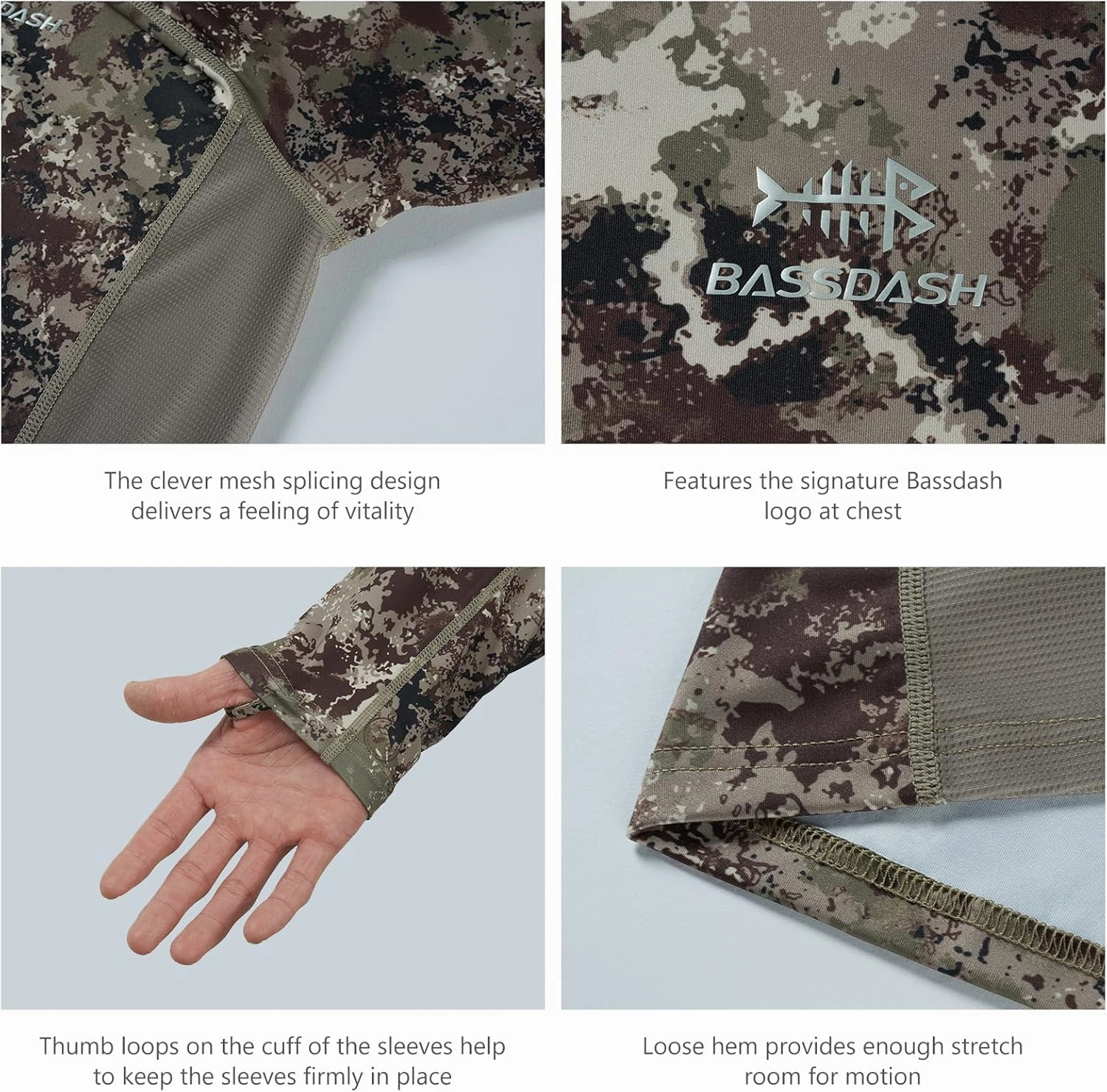 BASSDASH Men's Hunting Camo Performance Long Sleeve Shirt Fishing UPF50  FS13M