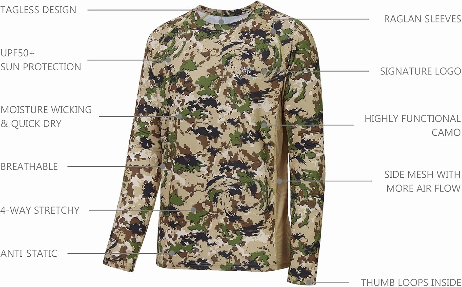 BASSDASH Men's Hunting Camo Performance Long Sleeve Shirt Fishing UPF50  FS13M