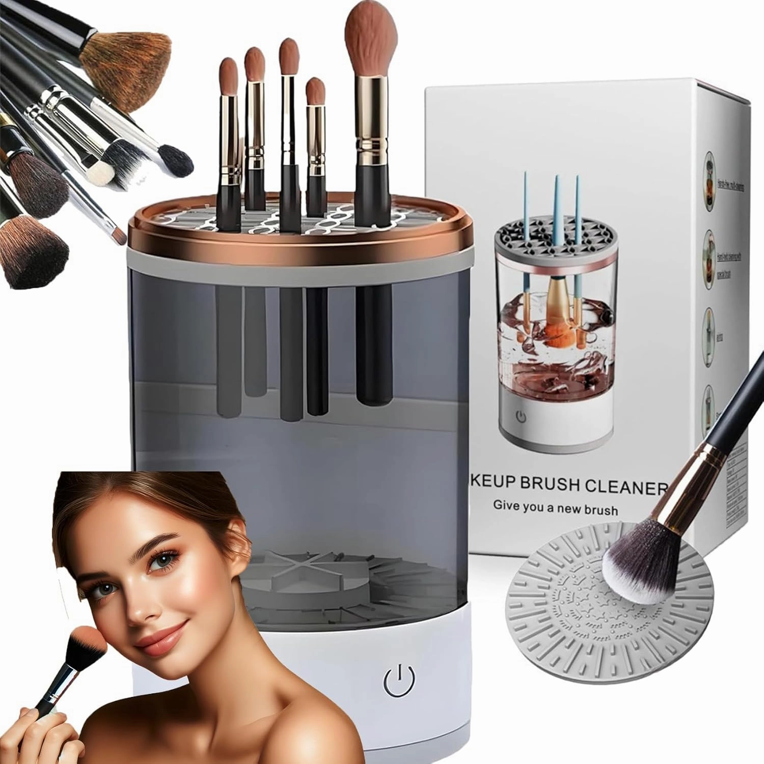 Beauty Swirl Cosmetic Brush Cleaner, Electric Makeup Brush Cleaner, Automatic Electric Makeup Brush Cleaner, Cosmetic Brush Cleaner, 3-In-1 Electric Brush Cleaner One-Click Cleaning (Charging,Black)