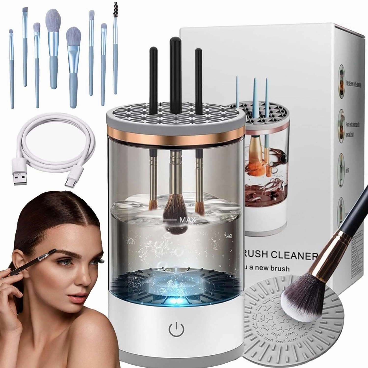 Beauty Swirl Cosmetic Brush Cleaner, The Cozy Luna Brush Cleaner, Spinning Cozy Luna Makeup Brush Cleaner Deep Cleaning, Electric Makeup Brush Cleaner Machine (White, Plug-in)