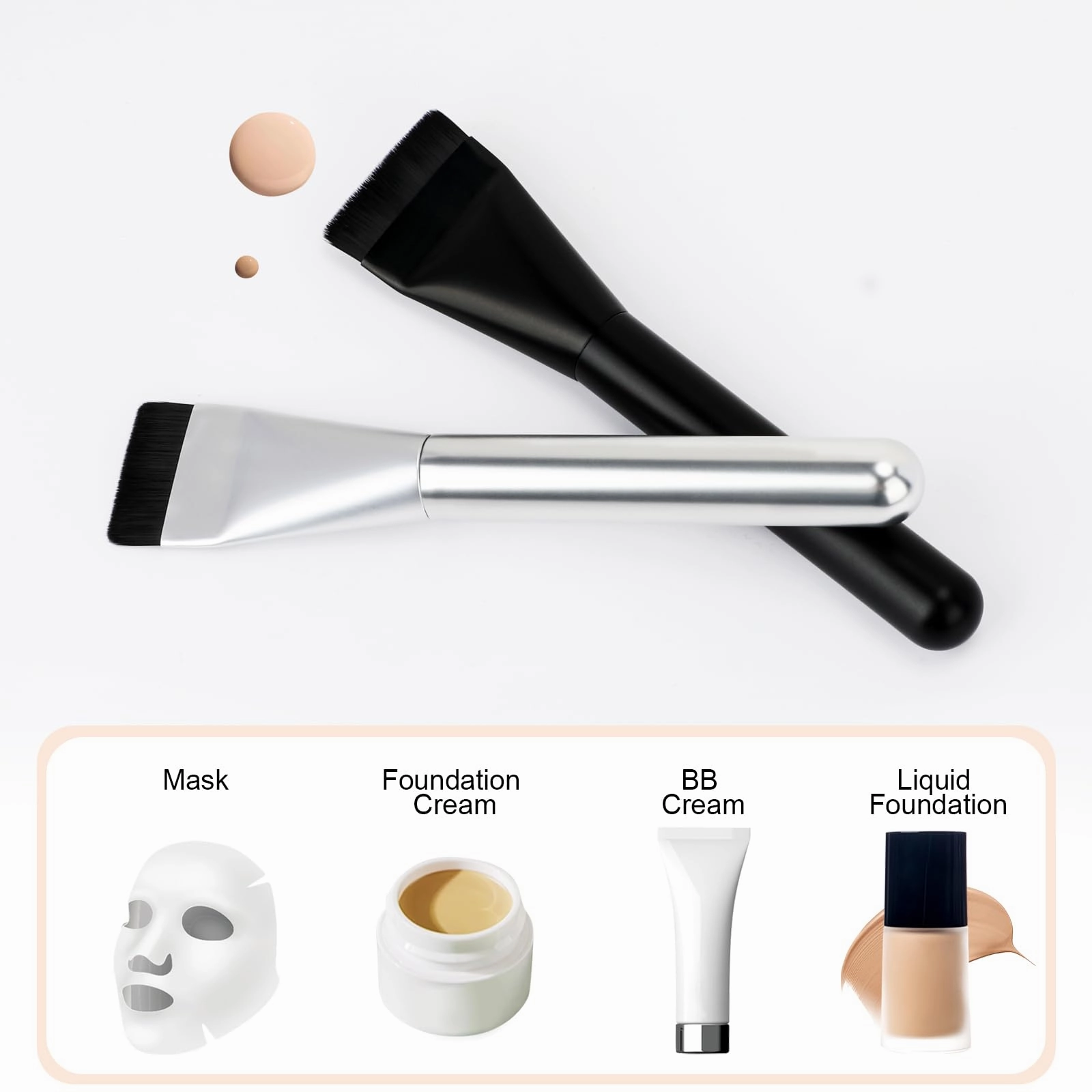 BEAUTYFACTOR 2Pcs Flat Foundation Brush,Face Mask Brush Makeup Spatula Facial Brush for Liquid Foundation Mask,Premium Face Korean Makeup Brush for Blending Cream (Black&Silver)