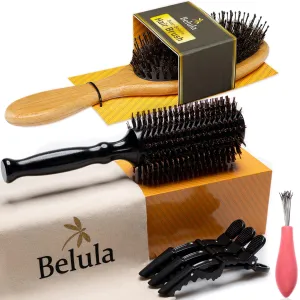 Belula Add Volume Hair Set - Detangling 2.4" Boar Bristle Brush for Long, Curly or Any Hair Type, and Round Brush for Blow Drying, Restores Shine