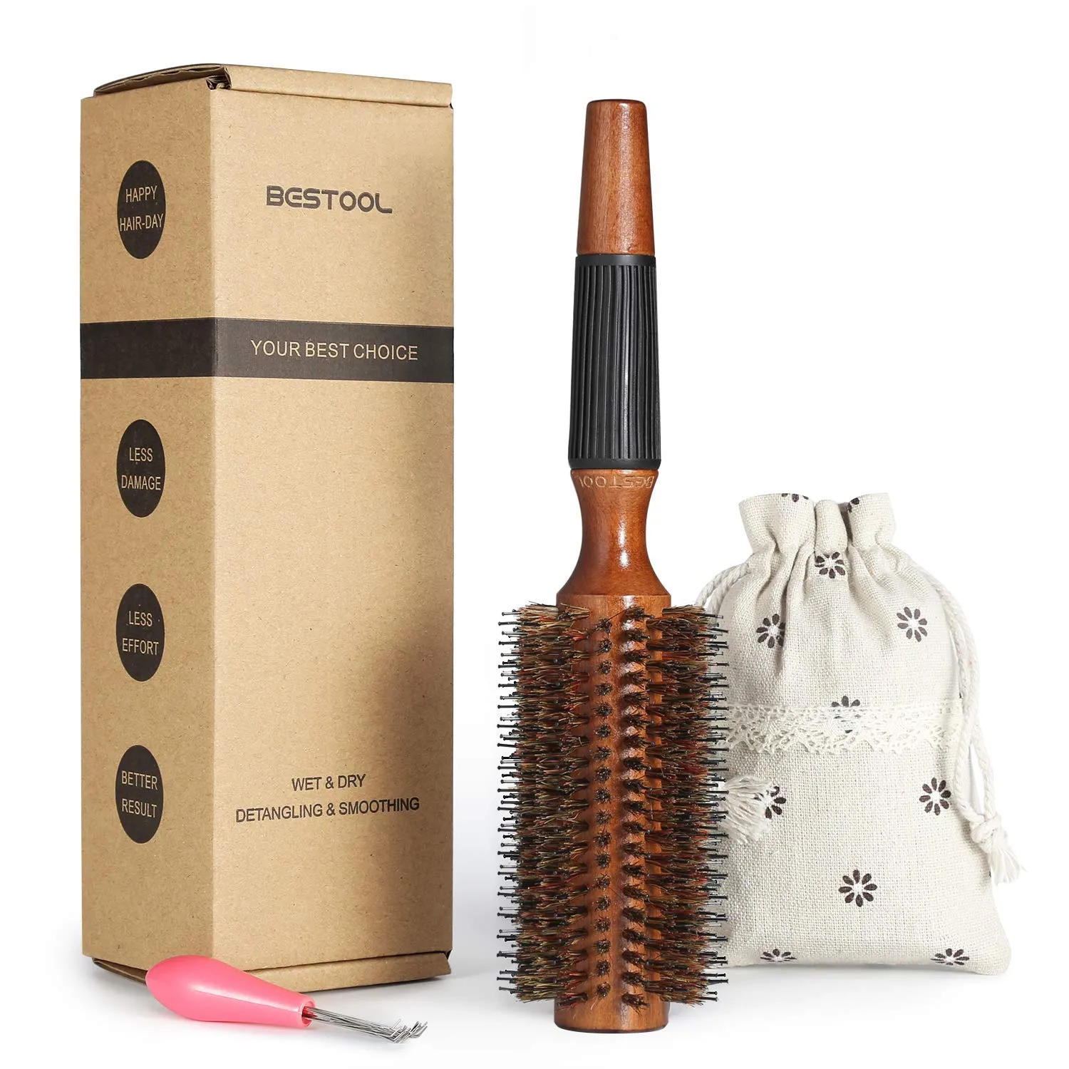BESTOOL Round Brush for Drying, Boar Bristle Round Hair Brush, Large Round Style Brush for Women and Men, Smoothing, Curling, Adding Shine (2.5 Inch)
