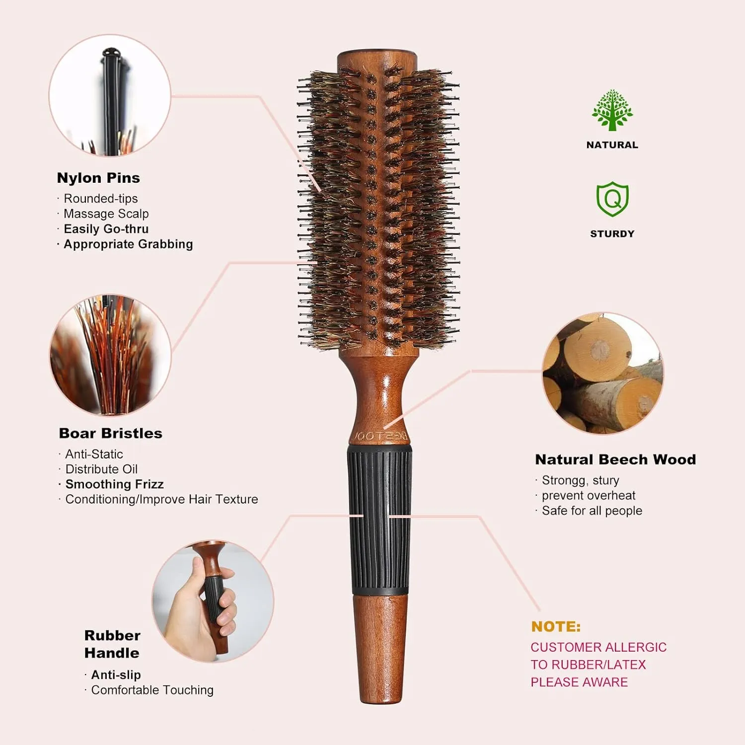 BESTOOL Round Brush for Drying, Boar Bristle Round Hair Brush, Large Round Style Brush for Women and Men, Smoothing, Curling, Adding Shine (2.5 Inch)
