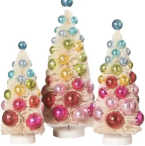 Bethany Lowe Designs Bright Hue Baubles Rainbown Snow Dusted Bottle Brush Trees Set of 3