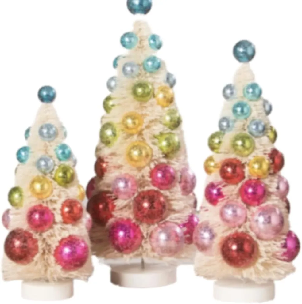 Bethany Lowe Designs Bright Hue Baubles Rainbown Snow Dusted Bottle Brush Trees Set of 3