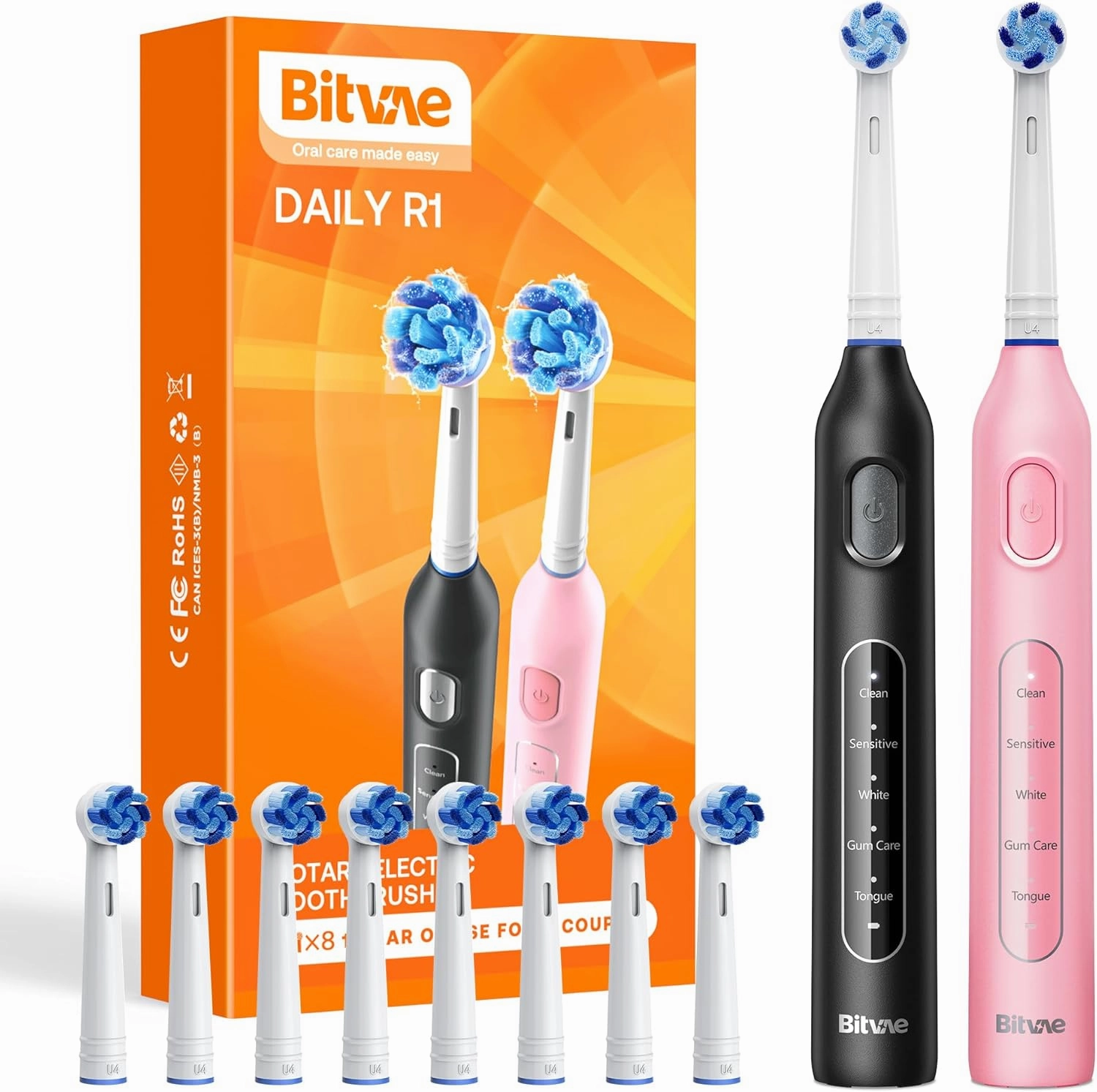 Bitvae Rotating Electric Toothbrush 2 Packs for Adults and Kids, 8 Brush Heads 60-Day Battery Life, 5 Modes Power Toothbrush with 2-Minute Smart Timer, Black & Pink, R1