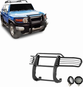 Black Horse Grille brush Bumper Guard Modular Black Come with Pair of 5.3" Dia.LED Lights with Black Trim Rings Compatible with 2007-2014 Toyota FJ Cruiser-17A098600MA-PLFB