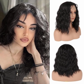 Black Wavy Wig for Women - 16 inch Medium Length, Heat Resistant Synthetic Hair, Middle Part, Natural Look for Daily Use, Party & Halloween