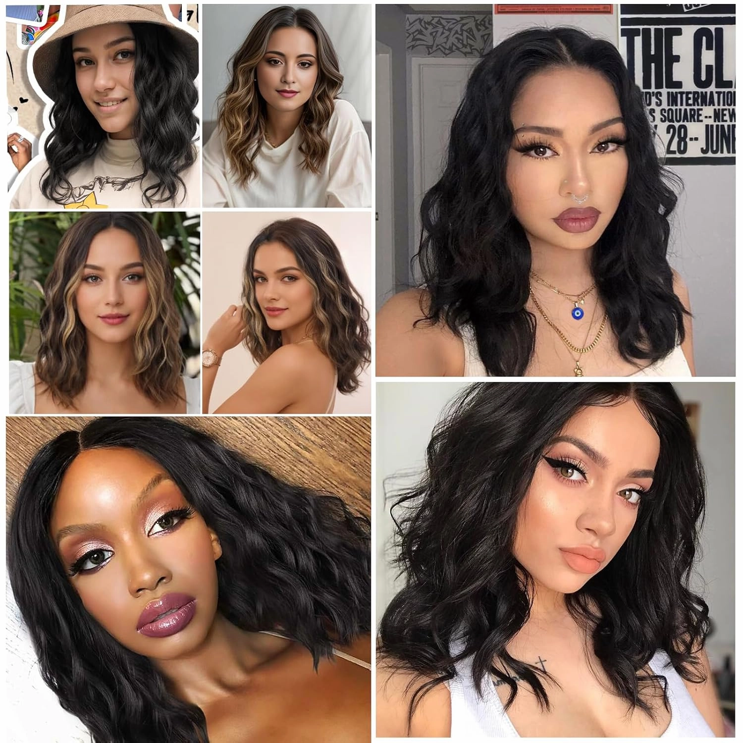 Black Wavy Wig for Women - 16 inch Medium Length, Heat Resistant Synthetic Hair, Middle Part, Natural Look for Daily Use, Party & Halloween