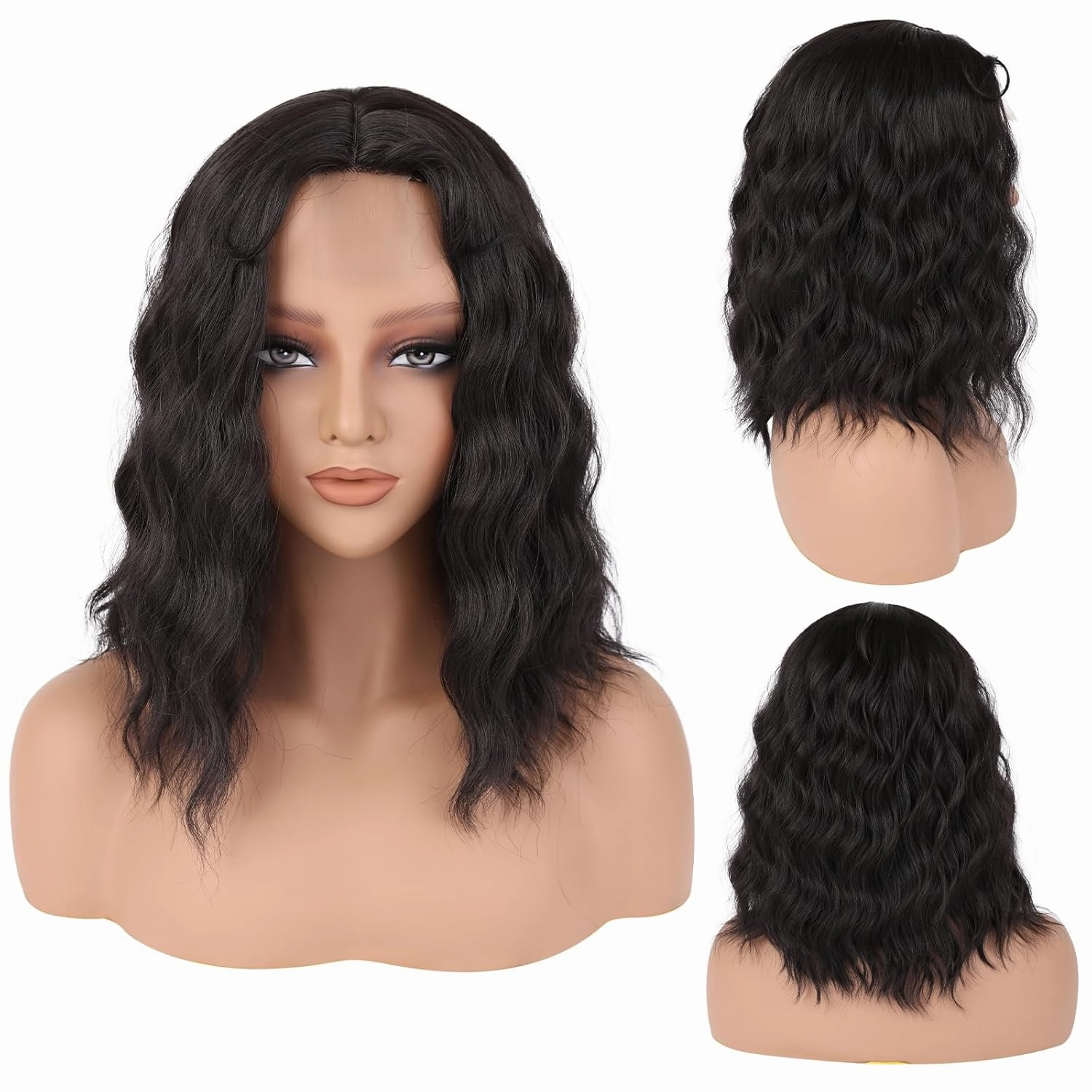 Black Wavy Wig for Women - 16 inch Medium Length, Heat Resistant Synthetic Hair, Middle Part, Natural Look for Daily Use, Party & Halloween