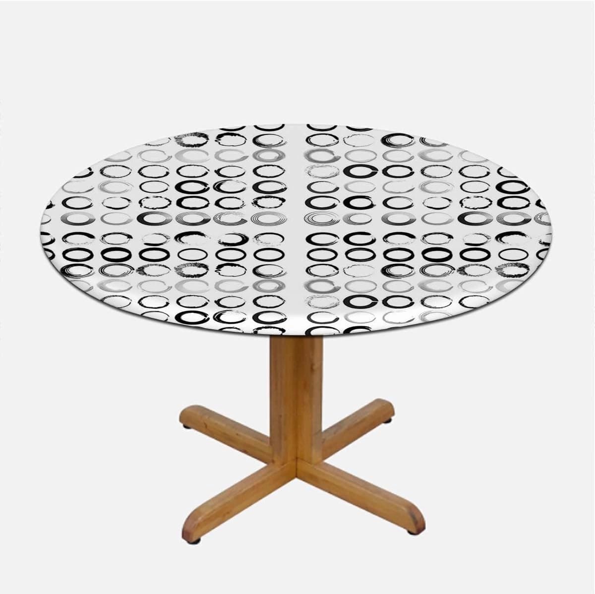 Black White Elastic Edged Polyester Fitted Table Cover Circles Brush Geometric Circles Waterproof Oil Proof Table ​Cover for Indoor and Outdoor Abstract Fits up 40"-44" Diameter Tables