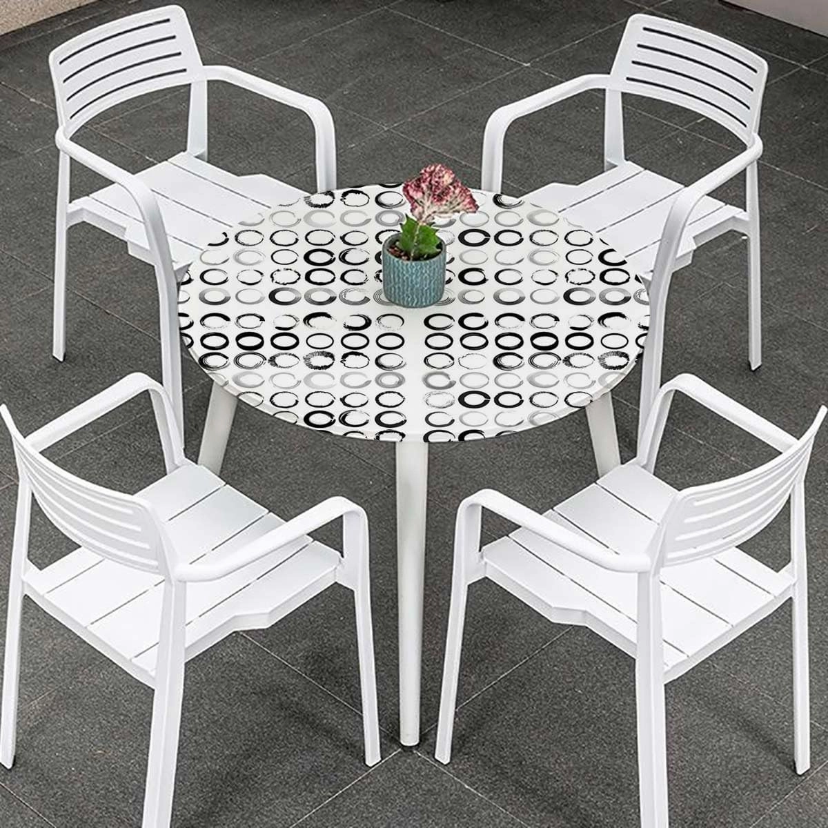 Black White Elastic Edged Polyester Fitted Table Cover Circles Brush Geometric Circles Waterproof Oil Proof Table ​Cover for Indoor and Outdoor Abstract Fits up 40"-44" Diameter Tables