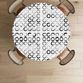 Black White Elastic Edged Polyester Fitted Table Cover Circles Brush Geometric Circles Waterproof Oil Proof Table ​Cover for Indoor and Outdoor Abstract Fits up 40"-44" Diameter Tables