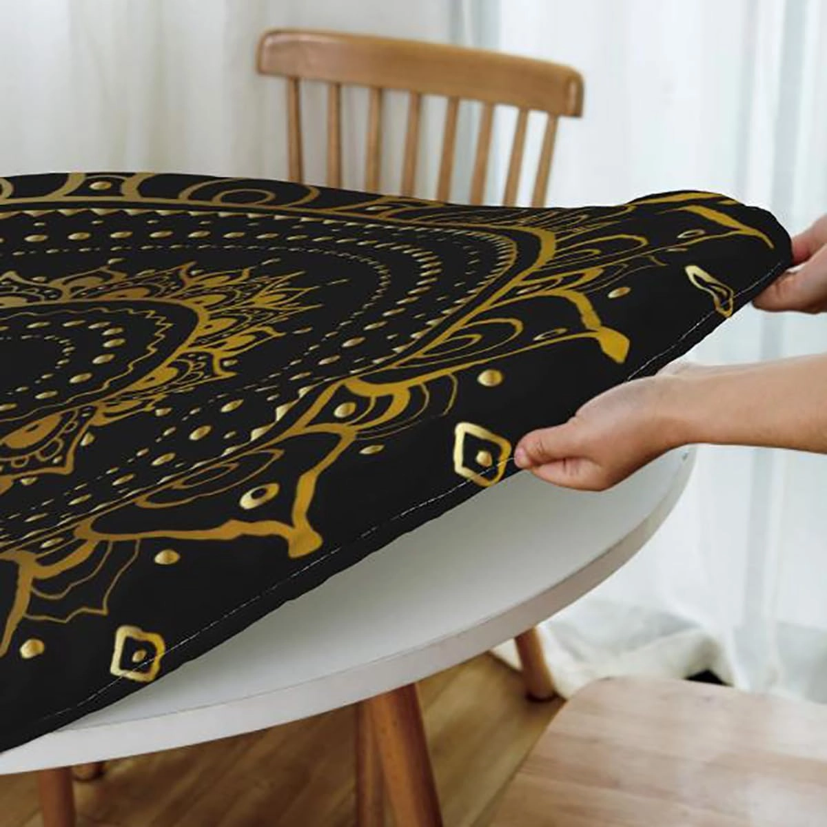 Black White Elastic Edged Polyester Fitted Table Cover Circles Brush Geometric Circles Waterproof Oil Proof Table ​Cover for Indoor and Outdoor Abstract Fits up 40"-44" Diameter Tables