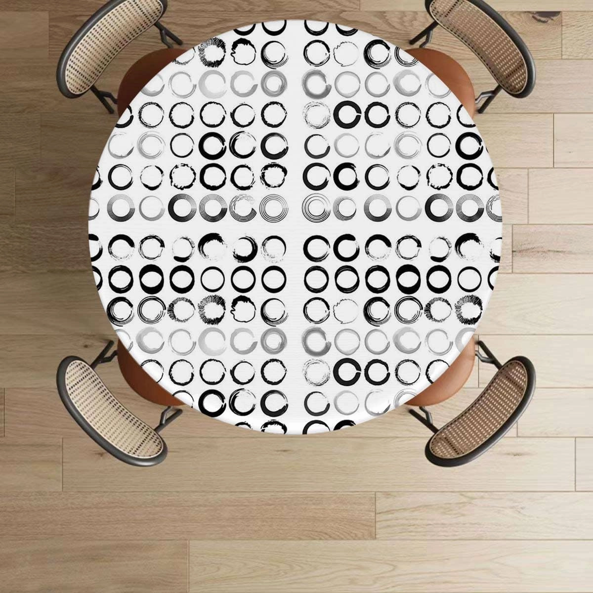 Black White Elastic Edged Polyester Fitted Table Cover Circles Brush Geometric Circles Waterproof Oil Proof Table ​Cover for Indoor and Outdoor Abstract Fits up 40"-44" Diameter Tables