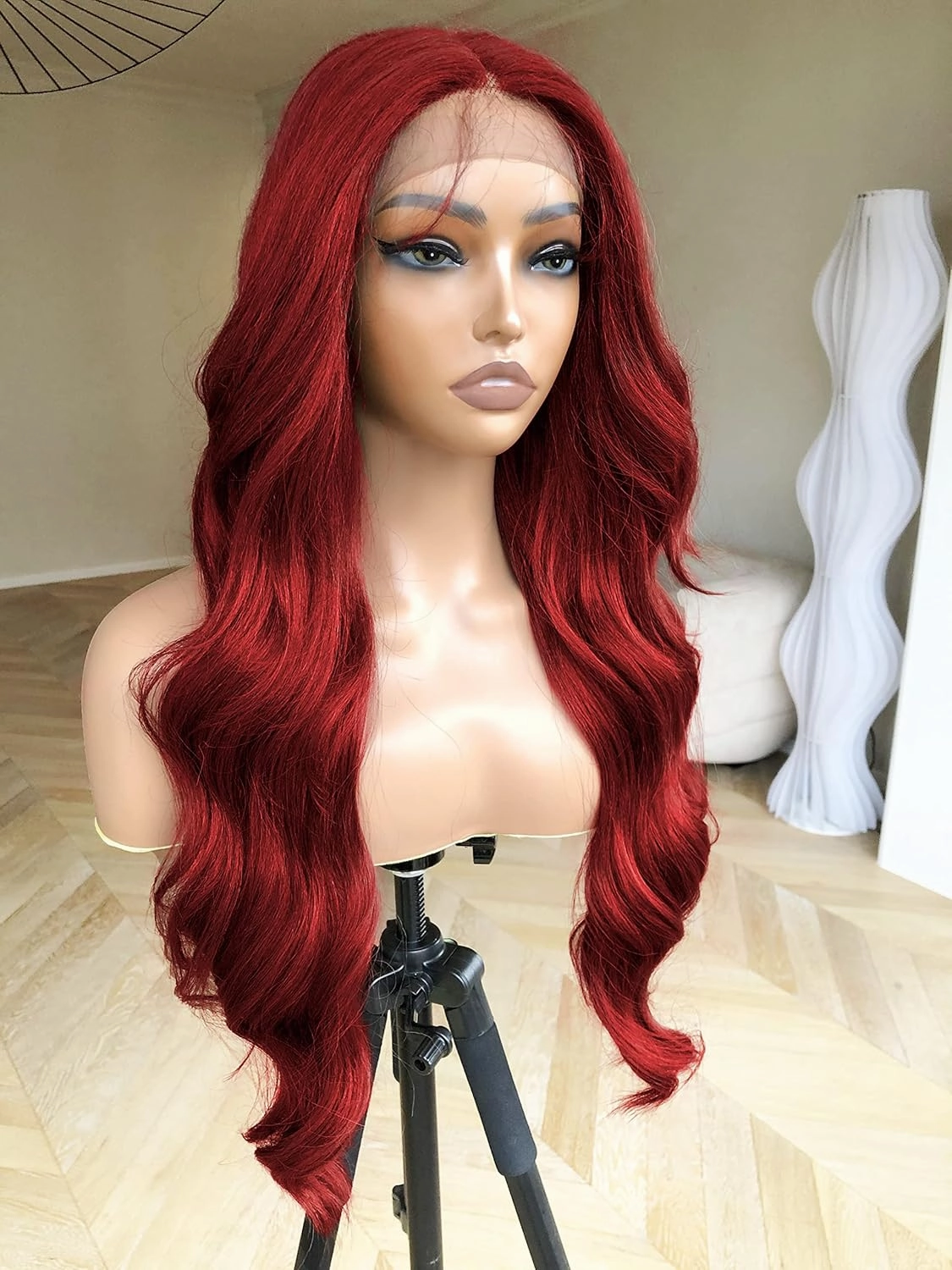 BlackSwern 24inch 99j Burgundy Glueless Lace Front Wig Pre Plucked, Synthetic Lace Front Wig Human Hair Feeling Wig for Black Women, Ready to Wear Wigs Pre-cut Pre-plucked