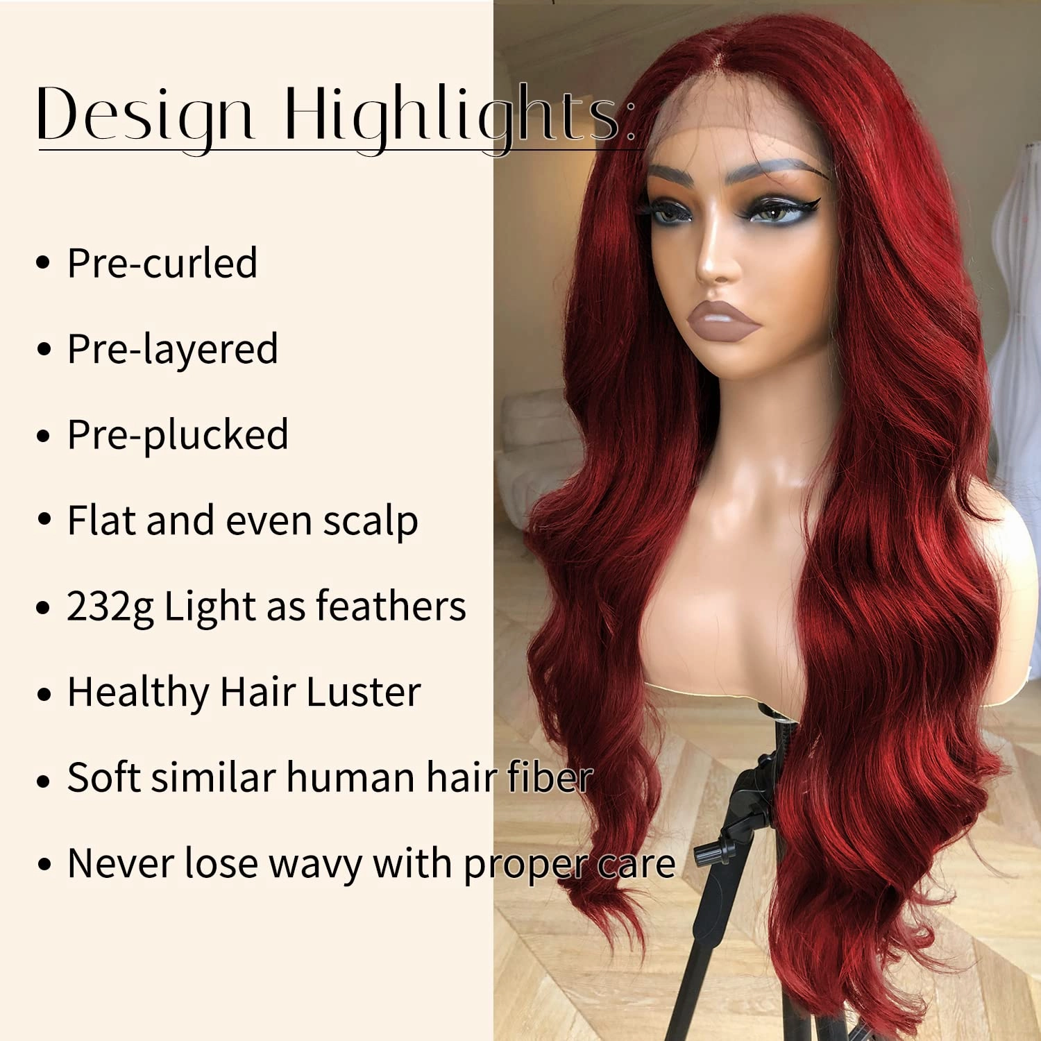 BlackSwern 24inch 99j Burgundy Glueless Lace Front Wig Pre Plucked, Synthetic Lace Front Wig Human Hair Feeling Wig for Black Women, Ready to Wear Wigs Pre-cut Pre-plucked